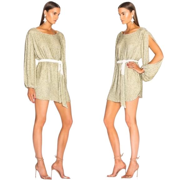 Retrofête Selma Champage Sequin Split Sleeve Keyhole Belted Robe Mini Dress - Picture 3 of 16